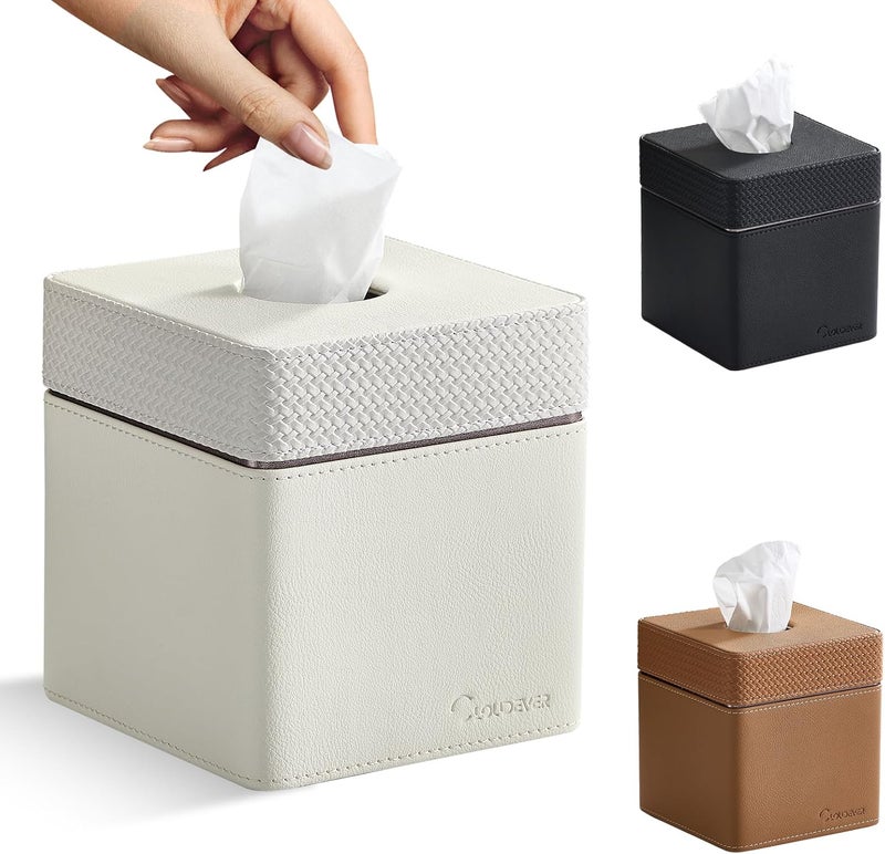 cloudever Tissue Box Holder Cover, Modern PU Leather Square Decorative Tissue Holder Organizer-Woven New Off White - Image 1